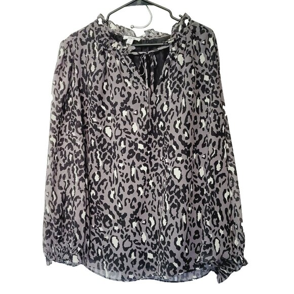 bar III Blouse 3X Sheer Keyhole Front Tie Ruffled Neckline Gray Leopard Long Slv - Picture 3 of 11